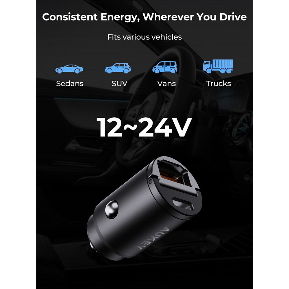 Aukey CC-A3P Enduro Nano AC 65W 2-Port Car Charger - Black