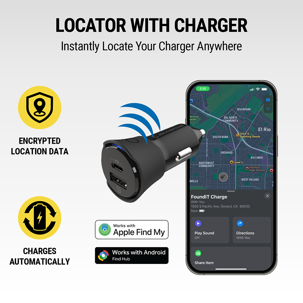 Scosche CPD32LT-SP FoundIT™ Charge Tracker with 32W Dual-Port 12V Charger – Black