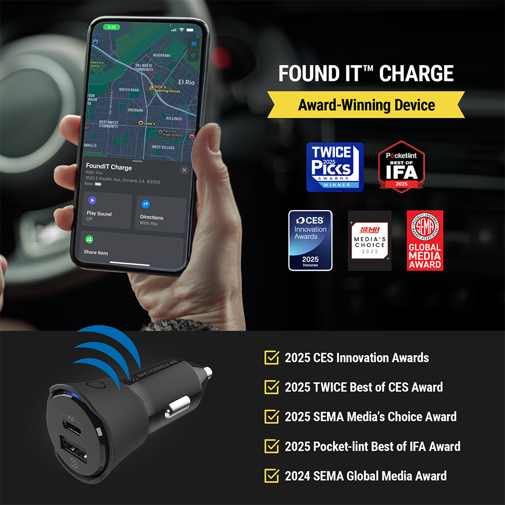 Scosche CPD32LT-SP FoundIT™ Charge Tracker with 32W Dual-Port 12V Charger – Black