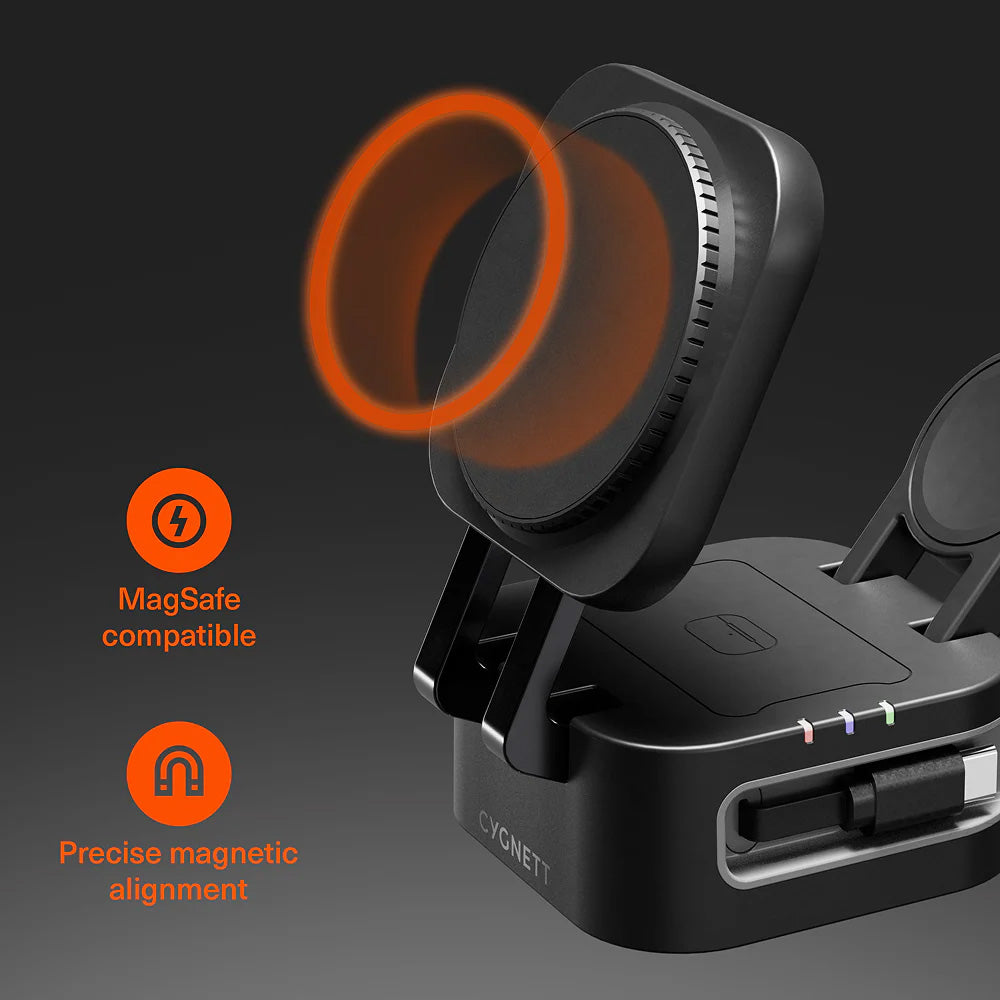 Cygnett CY5852WCCRC 3-in-1 Foldable Wireless Charger with Retractable Cable