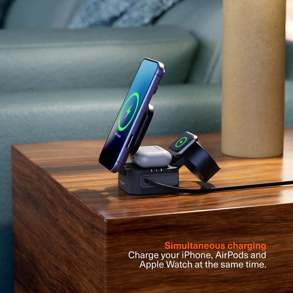 Cygnett CY5852WCCRC 3-in-1 Foldable Wireless Charger with Retractable Cable