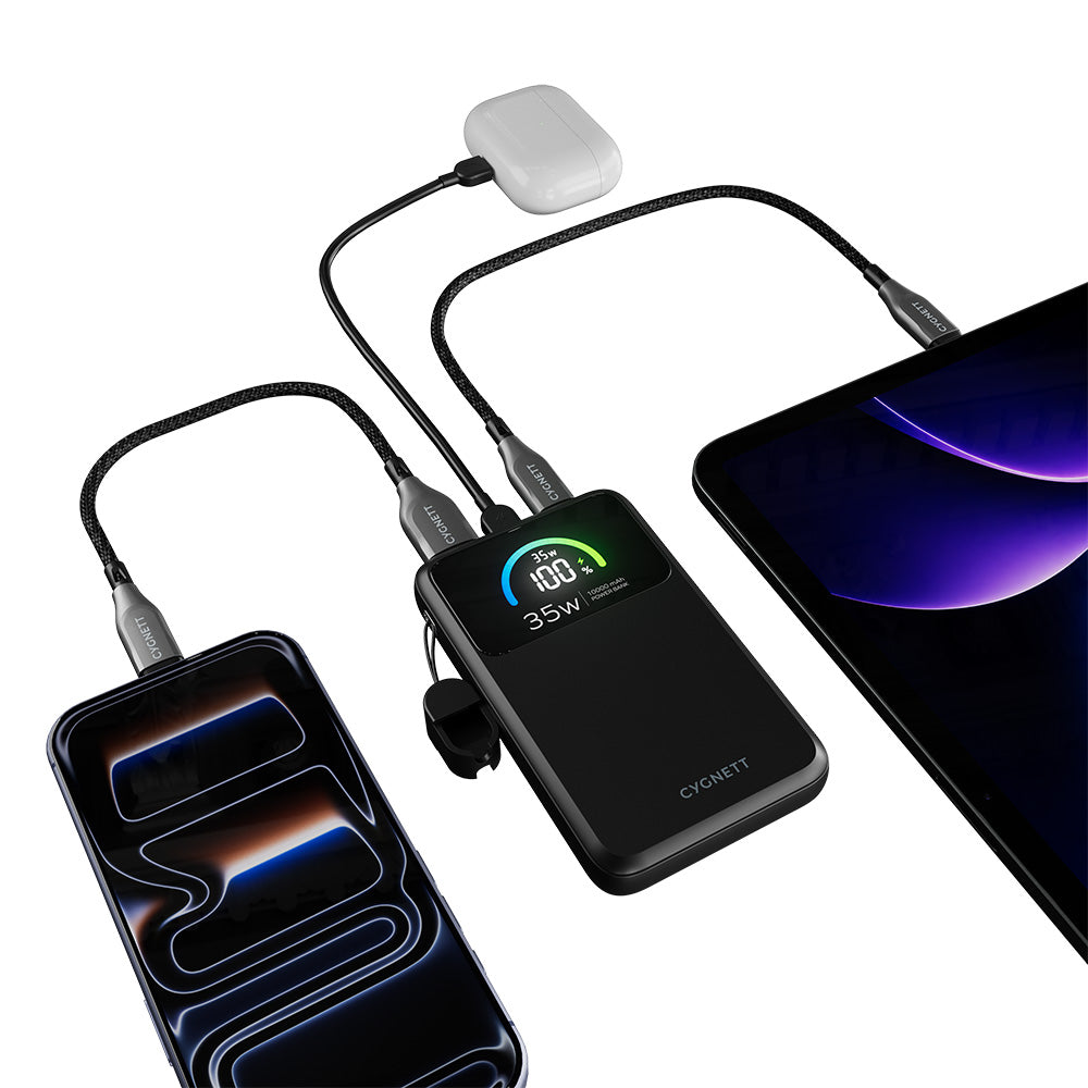 Cygnett ChargePro 2 35W Power Bank with USB-C Lanyard Cable 10K - Black