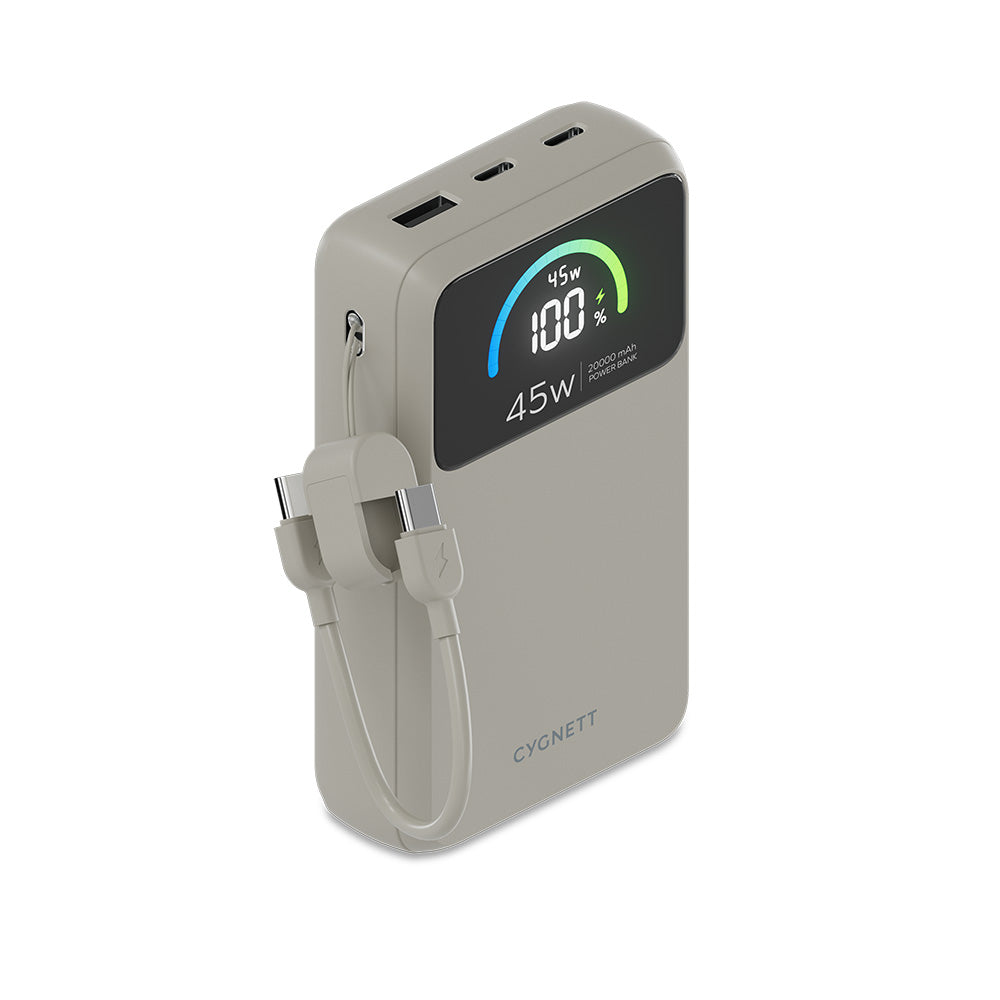 Cygnett ChargePro 2 45W FAST Power Bank with USB-C Lanyard Cable 20K - White