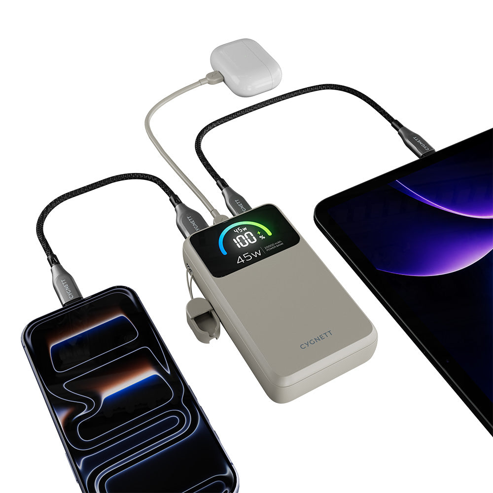 Cygnett ChargePro 2 45W FAST Power Bank with USB-C Lanyard Cable 20K - White