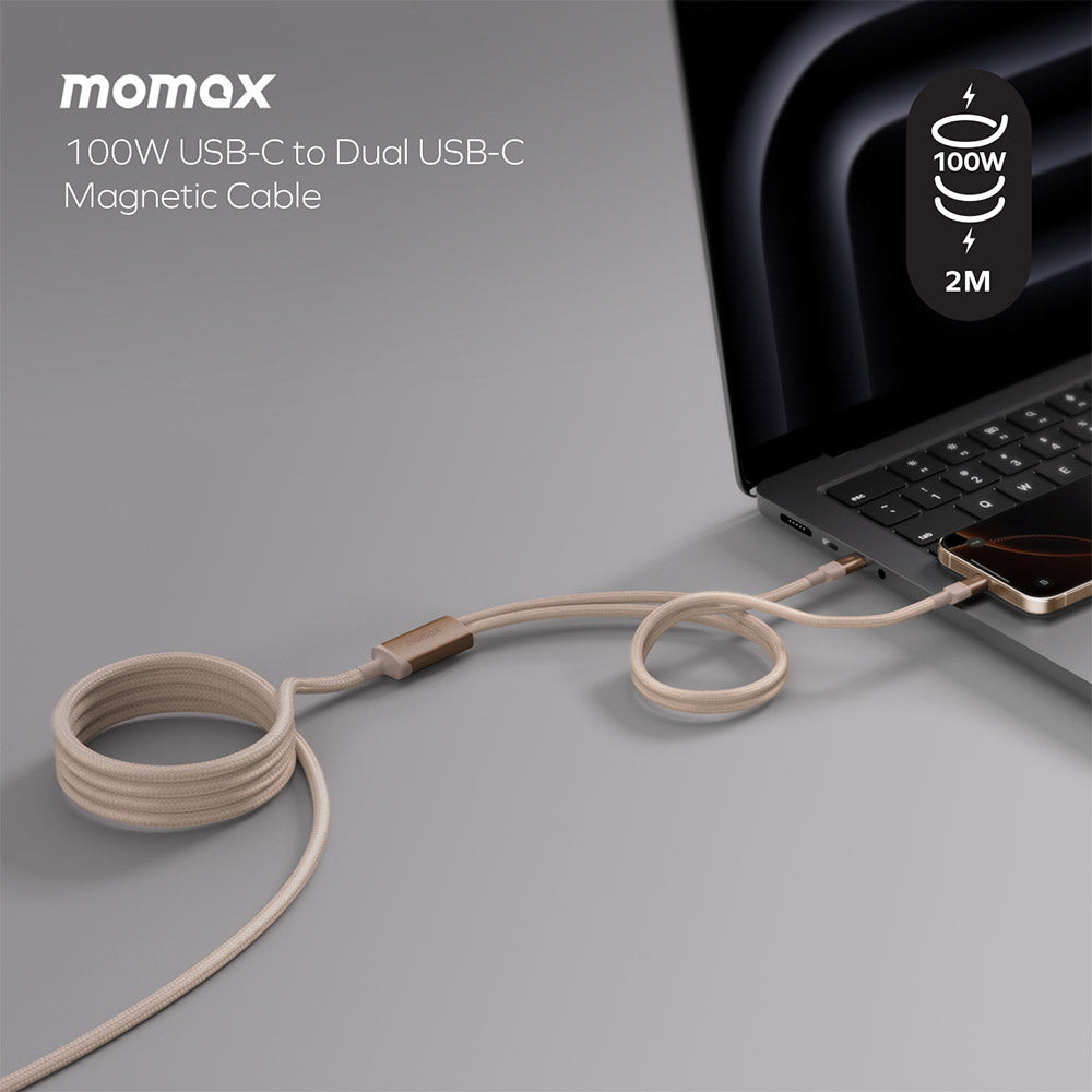Momax DC56L2 Mag.Link 100W USB-C to Dual USB-C Magnetic Cable (2M) - Sandstone