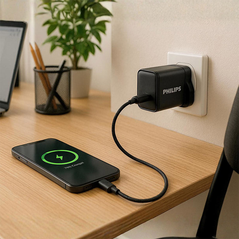 Philips DLP5312NB/05 30W GaN UK Wall Charger with USB C-C Cable