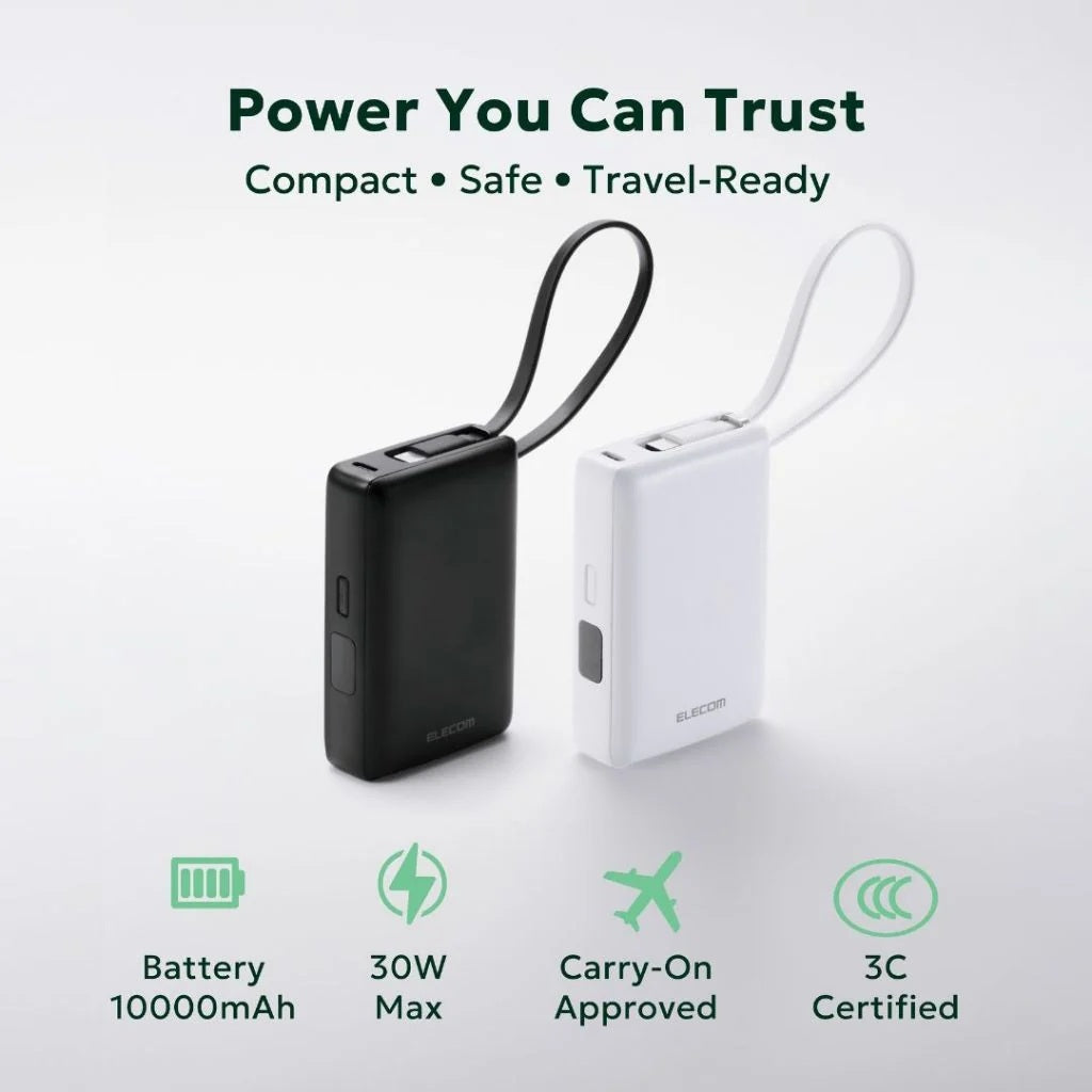 Elecom DE-A06-10000WH CCC 10KmAh 30W with Integrated Cable Powerbank White