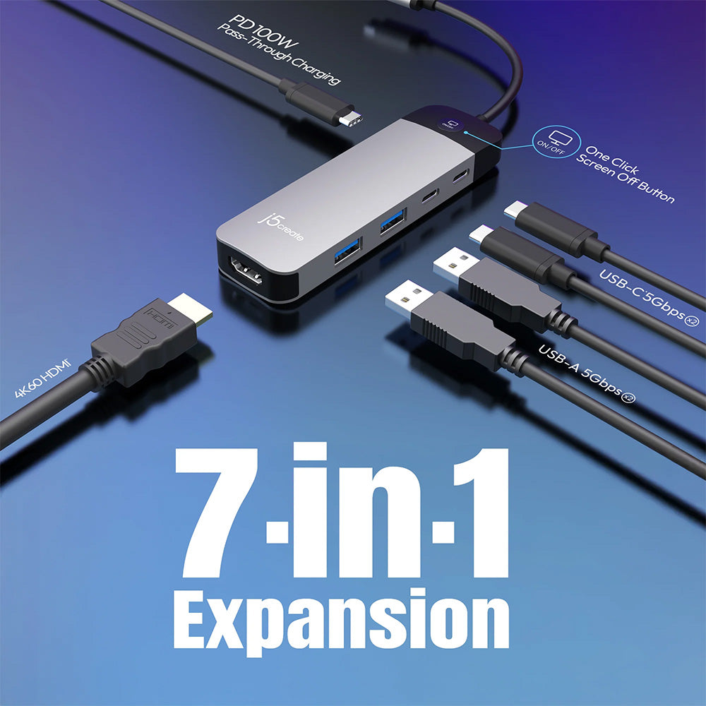 J5Create JCD3002 USB-C 7-in-1 4K Multi Hub with Screen-Off Control (PD)