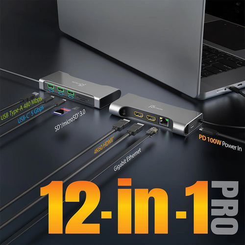 J5Create JCD367 Flexible Ports USB-C Dual 4K60 HDMI Hub-Pro 12-in-1