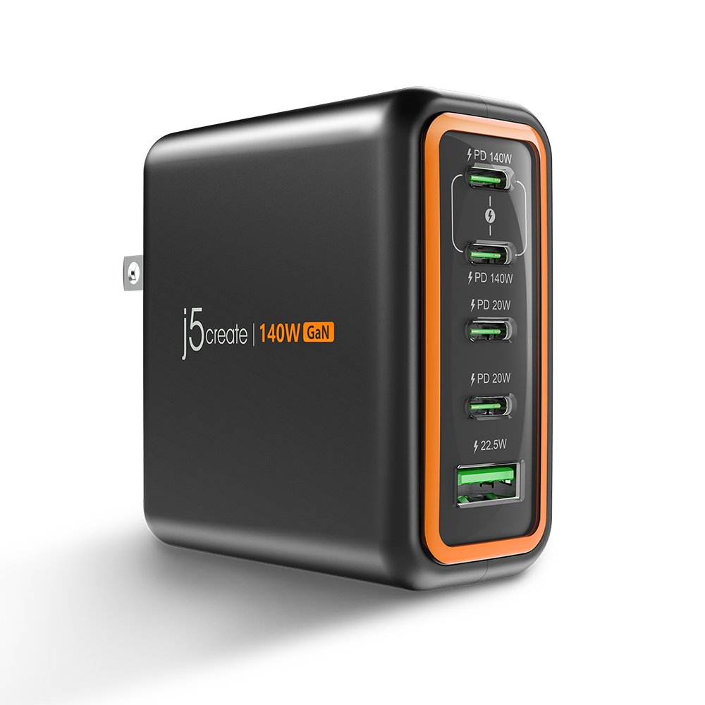 J5Create JUP57140V 140W GaN PD3.1 USB-C 5-Port Charger with Changeable AC Plugs