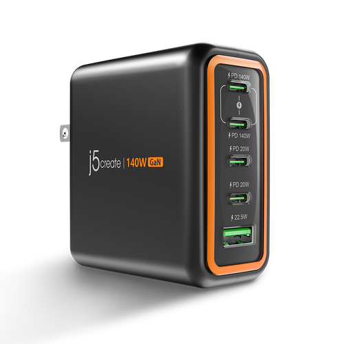 J5Create JUP57140V 140W GaN PD3.1 USB-C 5-Port Charger with Changeable AC Plugs