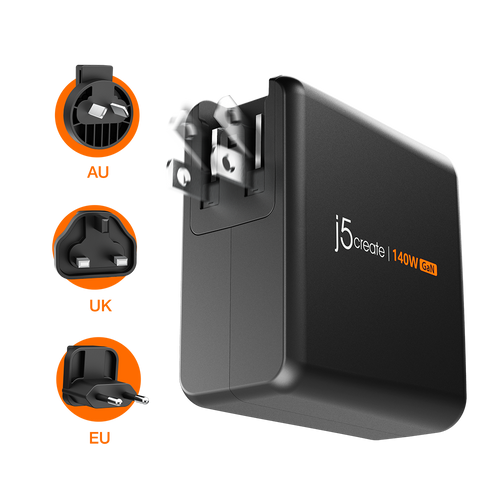 J5Create JUP57140V 140W GaN PD3.1 USB-C 5-Port Charger with Changeable AC Plugs