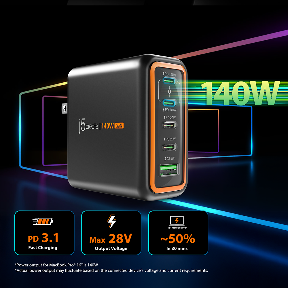 J5Create JUP57140V 140W GaN PD3.1 USB-C 5-Port Charger with Changeable AC Plugs