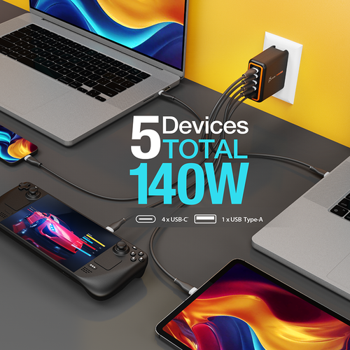 J5Create JUP57140V 140W GaN PD3.1 USB-C 5-Port Charger with Changeable AC Plugs