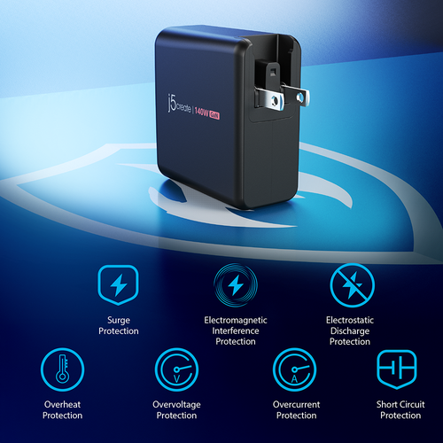 J5Create JUP57140V 140W GaN PD3.1 USB-C 5-Port Charger with Changeable AC Plugs