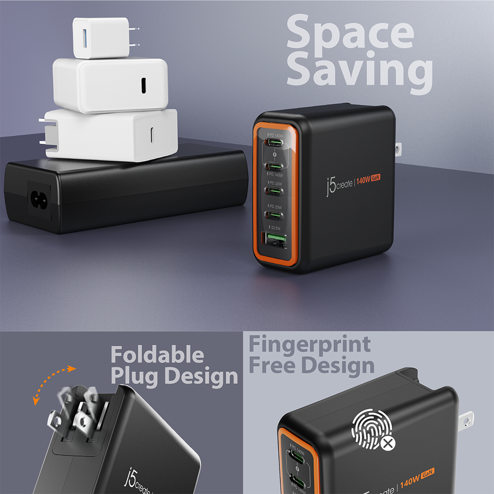 J5Create JUP57140V 140W GaN PD3.1 USB-C 5-Port Charger with Changeable AC Plugs
