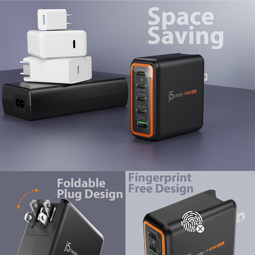 J5Create JUP57140V 140W GaN PD3.1 USB-C 5-Port Charger with Changeable AC Plugs
