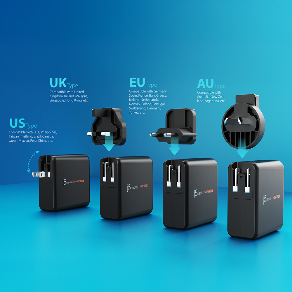 J5Create JUP57140V 140W GaN PD3.1 USB-C 5-Port Charger with Changeable AC Plugs