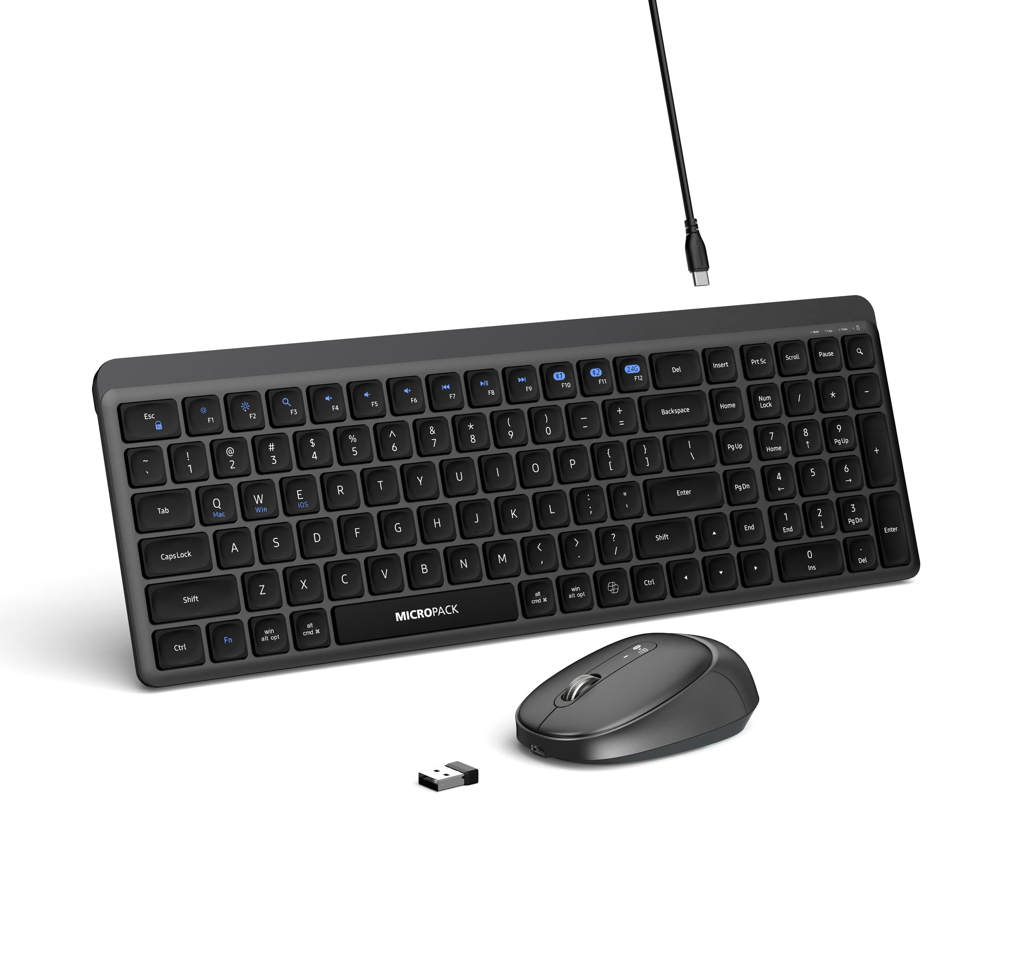 MicroPack KM-268W-EN-BK Lifestyle 2.4G Wireless + Bluetooth Rechargeable Keyboard and Mouse Combo - Black