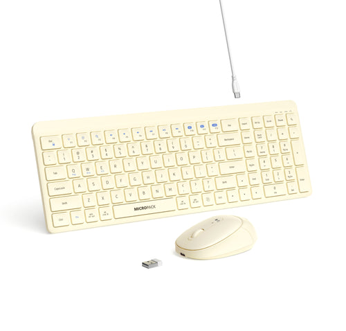 MicroPack KM-268W-EN-CR Lifestyle 2.4G Wireless + Bluetooth Rechargeable Keyboard and Mouse Combo - Cream