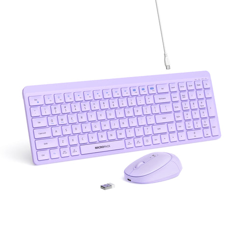 MicroPack KM-268W-EN-PL Lifestyle 2.4G Wireless + Bluetooth Rechargeable Keyboard and Mouse Combo - Purple