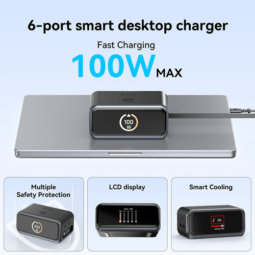 Mazer M-Ai-D200-V7 Ai PrestigeGaN PD200W with Retractable Cable Desktop Charger - Black