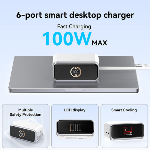 Mazer M-Ai-D200-V7 Ai PrestigeGaN PD200W with Retractable Cable Desktop Charger - Silver