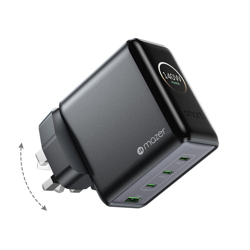 Mazer PrestigeGaN Ai 140W 3C1A Foldable UK Wall Charger - BlackGrey
