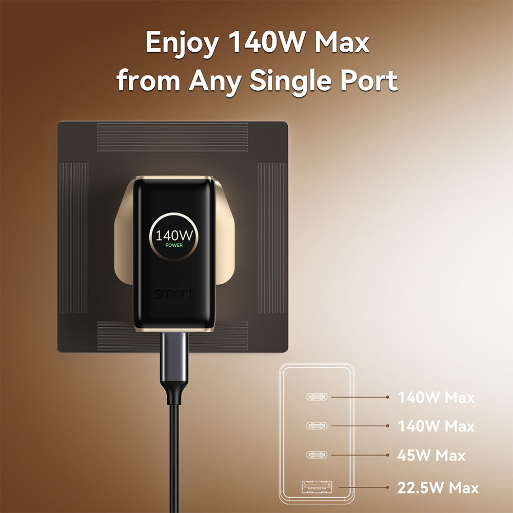 Mazer PrestigeGaN Ai 140W 3C1A Foldable UK Wall Charger - White