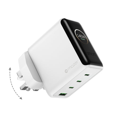 Mazer PrestigeGaN Ai 140W 3C1A Foldable UK Wall Charger - White