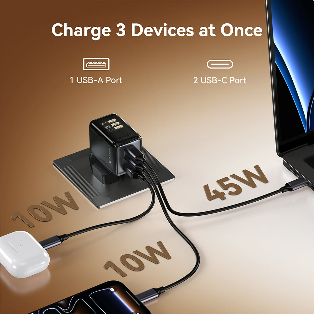 Mazer PrestigeGaN Ai 70W 2C1A Wall Charger Black Grey (M-G70Ai-UK7Pro-BG)