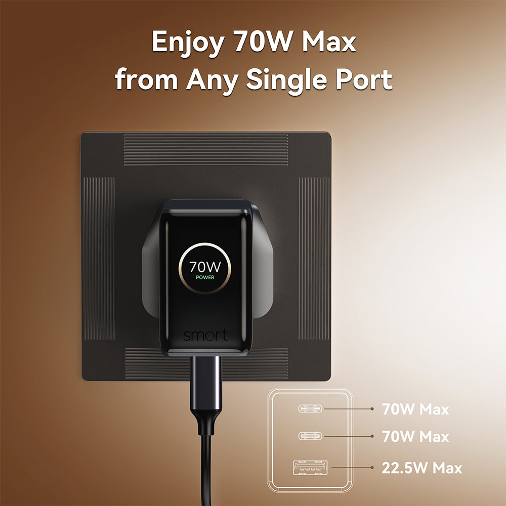 Mazer PrestigeGaN Ai 70W 2C1A Wall Charger Black Grey (M-G70Ai-UK7Pro-BG)