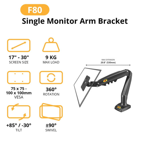 Northbayou F80 Single Monitor Arm (Charcoal Matt)