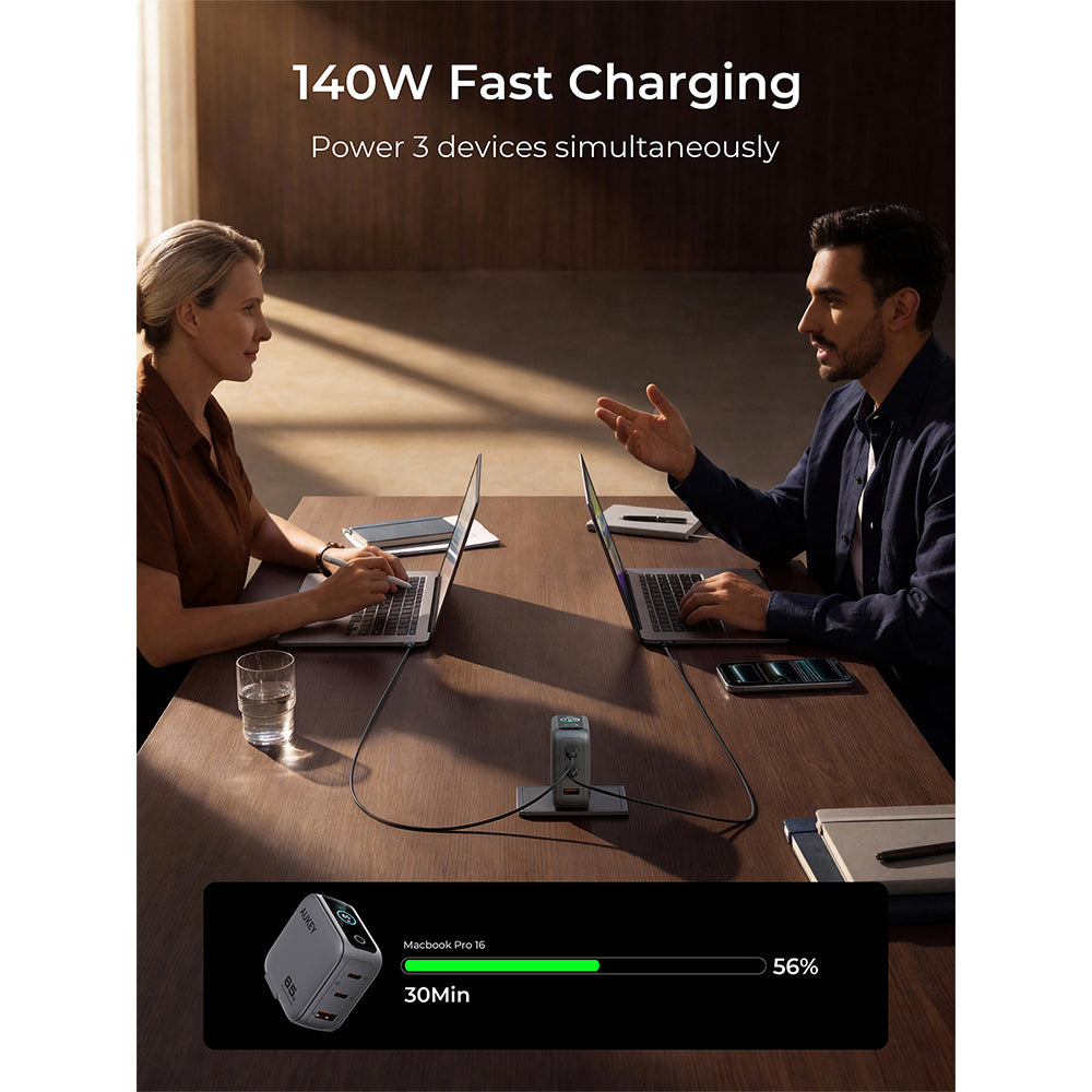 Aukey PA-B10U Nova PinS 140W GaN Wall Charger with Interchangeable Plugs (Grey)