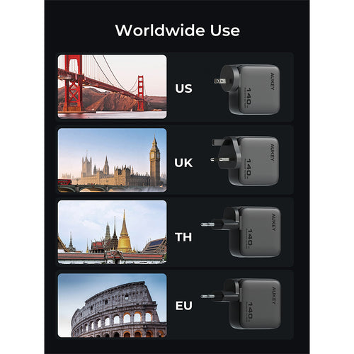 Aukey PA-B10U Nova PinS 140W GaN Wall Charger with Interchangeable Plugs (Grey)
