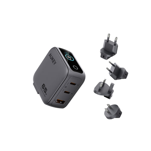 Aukey PA-B8U Nova PinS 65W GaN Wall Charger with Interchangeable Plugs (Grey)