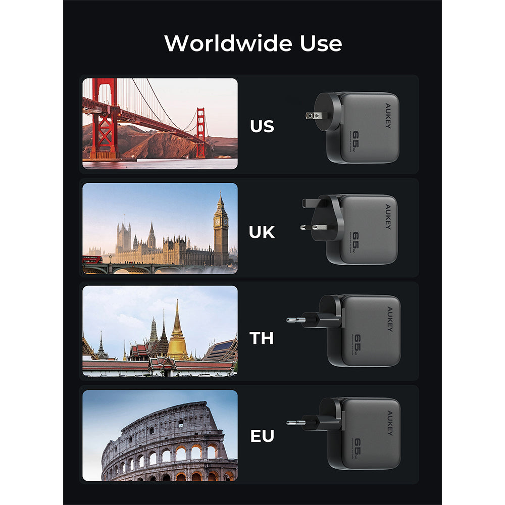Aukey PA-B8U Nova PinS 65W GaN Wall Charger with Interchangeable Plugs (Grey)