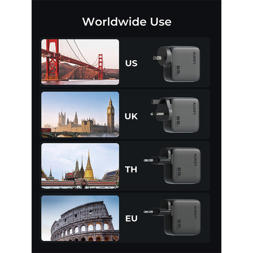 Aukey PA-B8U Nova PinS 65W GaN Wall Charger with Interchangeable Plugs (Grey)