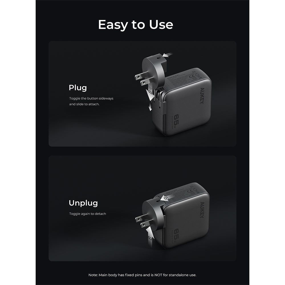 Aukey PA-B8U Nova PinS 65W GaN Wall Charger with Interchangeable Plugs (Grey)