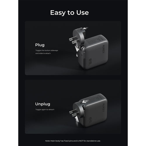 Aukey PA-B8U Nova PinS 65W GaN Wall Charger with Interchangeable Plugs (Grey)