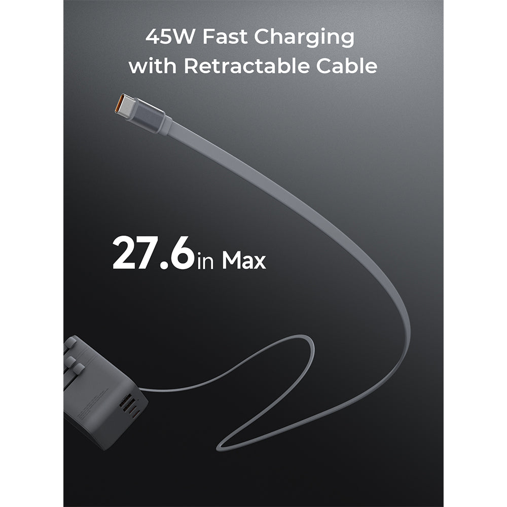 Aukey PA-TA13 Globe Reel 45W GaN Universal Adapter with Retractable Cable - Gray