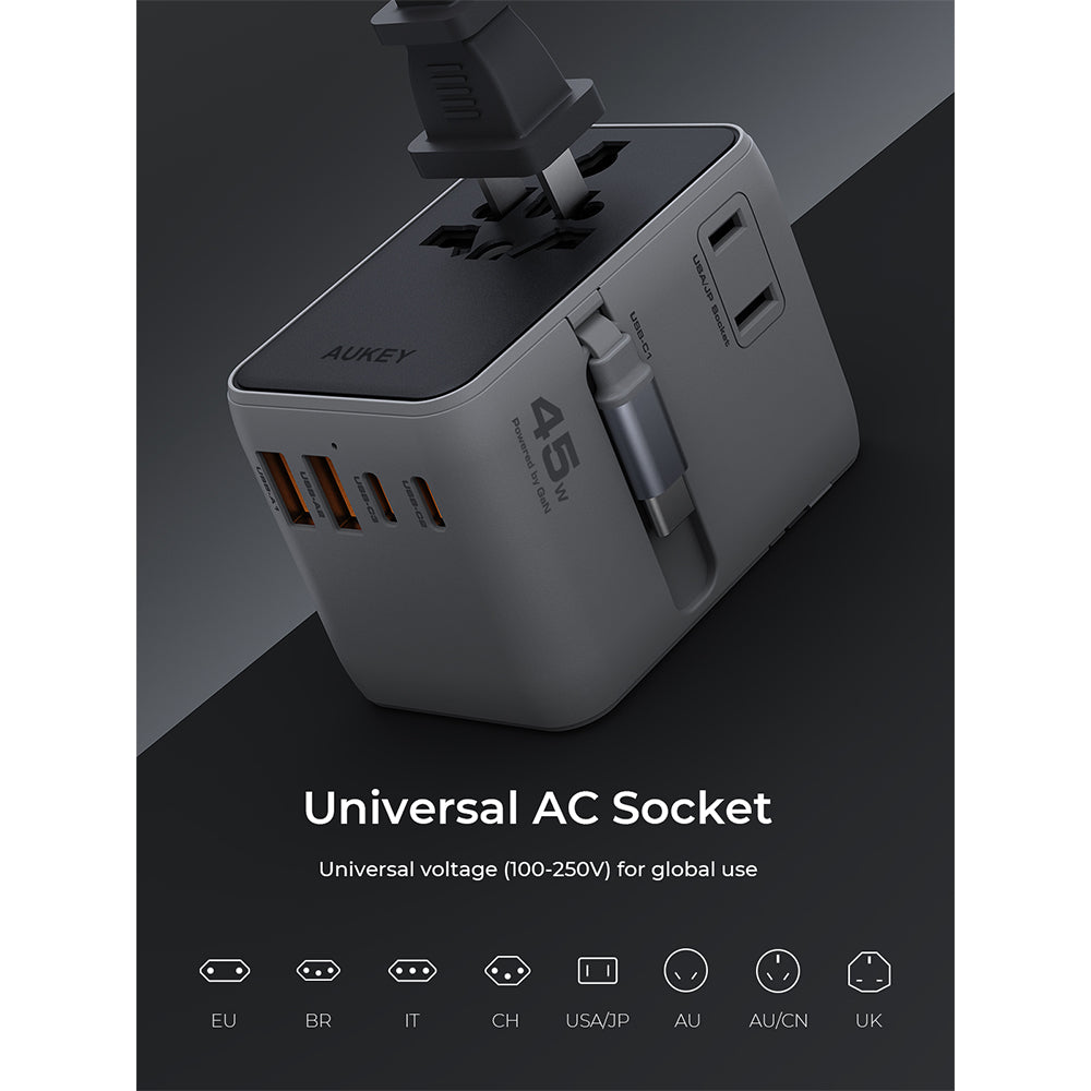 Aukey PA-TA13 Globe Reel 45W GaN Universal Adapter with Retractable Cable - Gray