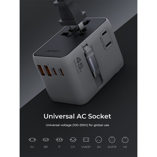 Aukey PA-TA13 Globe Reel 45W GaN Universal Adapter with Retractable Cable - Gray