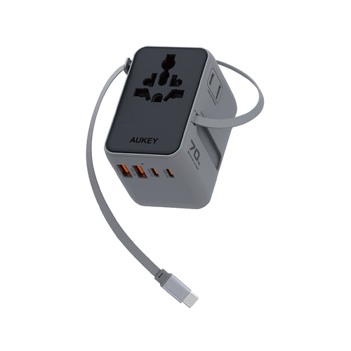 Aukey PA-TA14 Globe Reel 70W GaN Universal Adapter with Retractable Cable - Gray