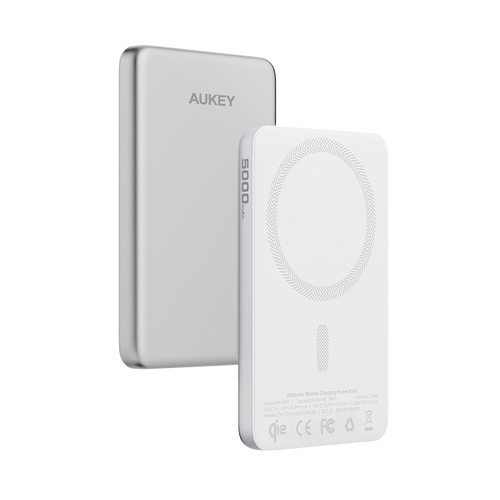 Aukey PB-MS07A MagFusion M 5,000mAh Qi2 Magnetic Wireless Power Bank (CCC-Certified) - Silver White