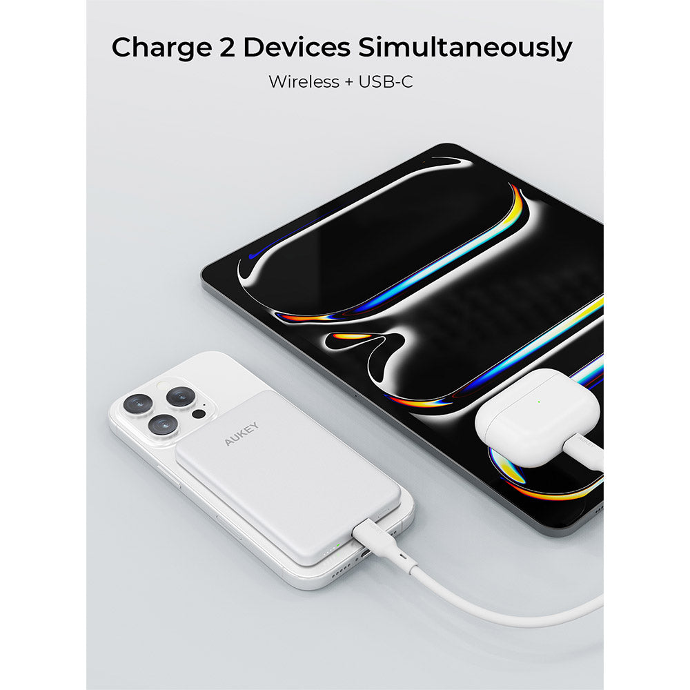 Aukey PB-MS07A MagFusion M 5,000mAh Qi2 Magnetic Wireless Power Bank (CCC-Certified) - Silver White