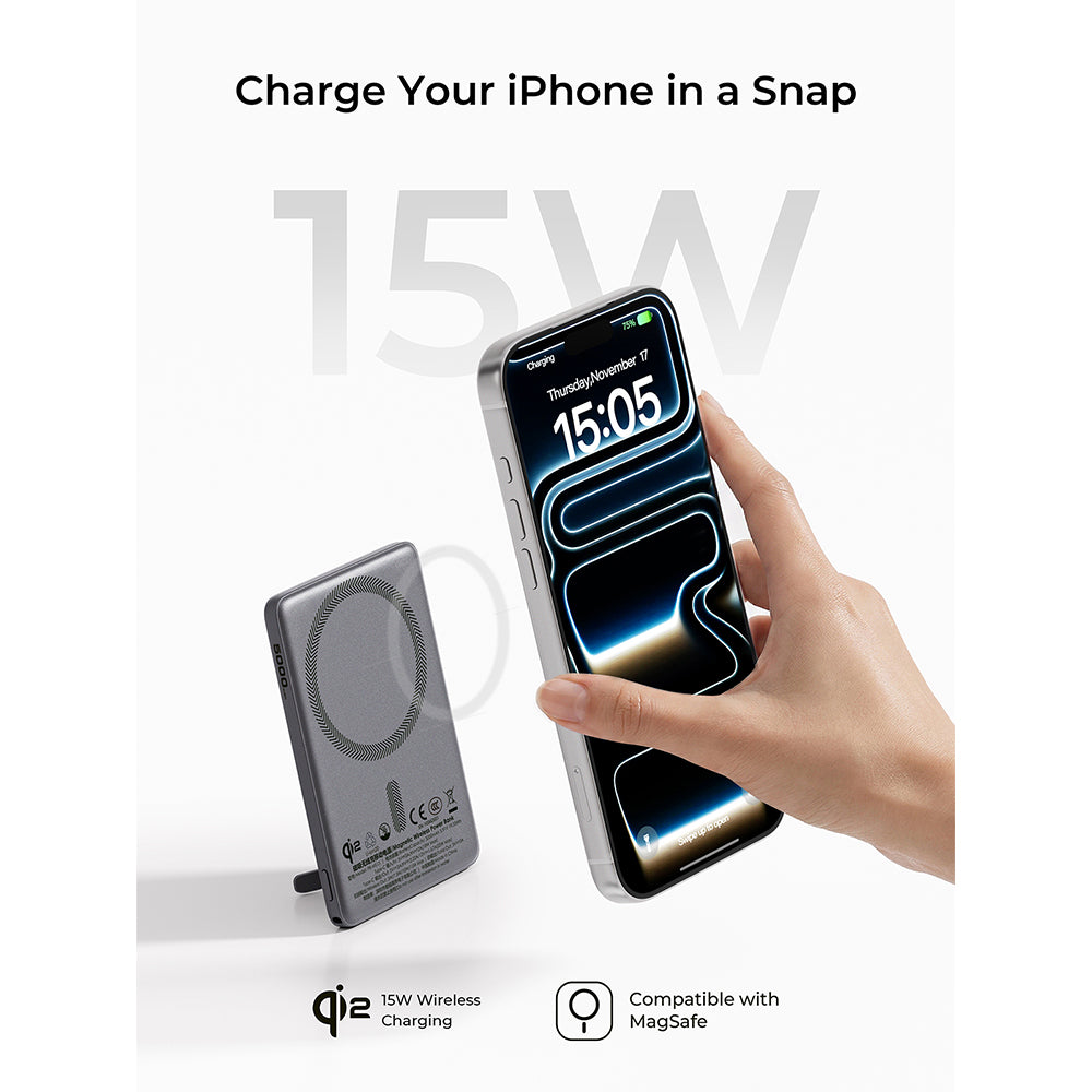 Aukey PB-MS15 MagFusion Vista 5,000mAh 20W Qi2 Magnetic Wireless Charging Power Bank - Grey