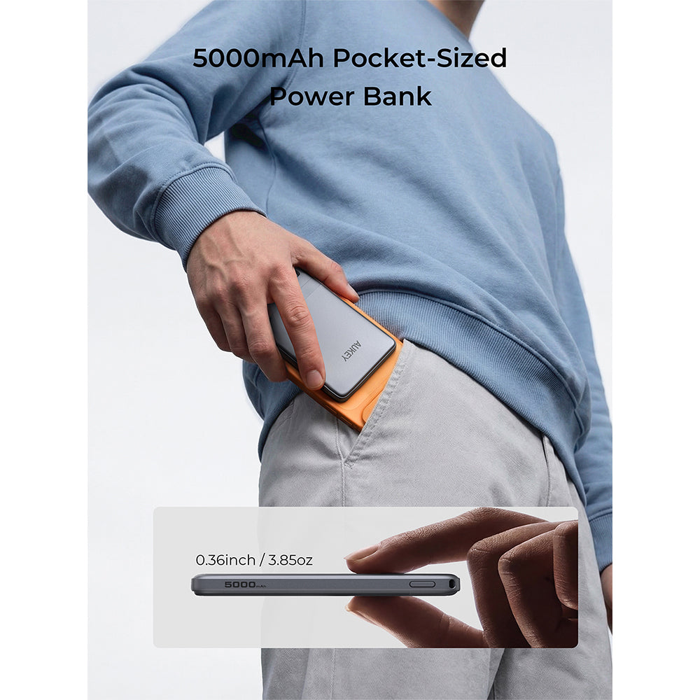 Aukey PB-MS15 MagFusion Vista 5,000mAh 20W Qi2 Magnetic Wireless Charging Power Bank - Grey