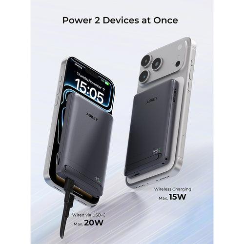 Aukey PB-MS16 MagFusion Vista 10,000mAh 30W Qi2 Magnetic Wireless Charging Power Bank - Grey