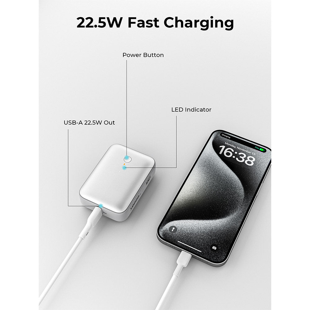 Aukey PB-Y55 Spark Mini 10,000mAh 20W Fast Charging Mini Power Bank (CCC-Certified) - Frost White